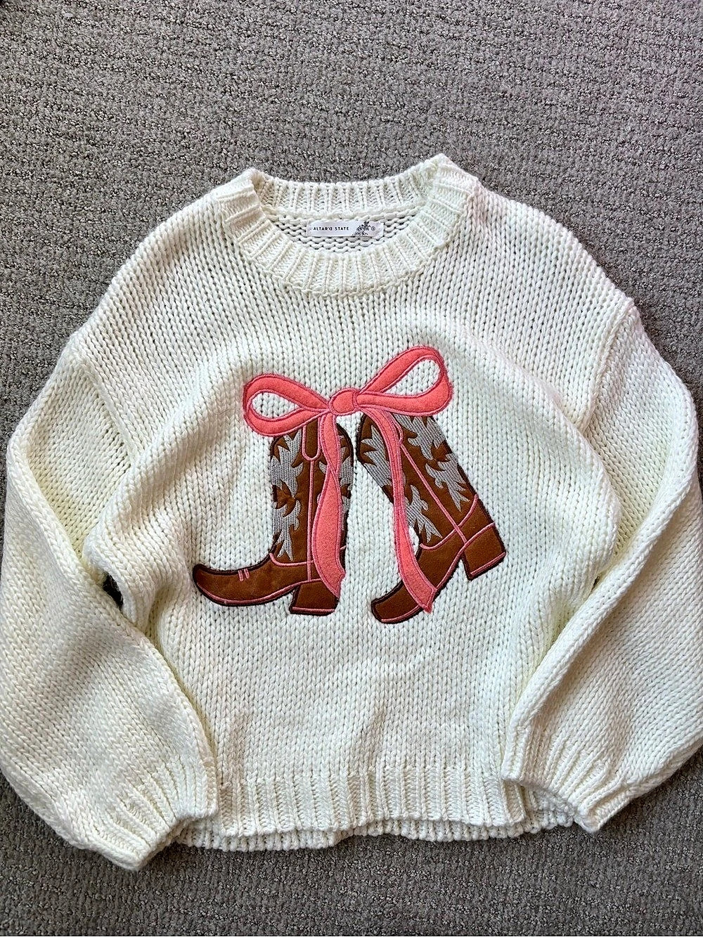 Altar'd State Cowboy Boot Bow Sweater White Size Small